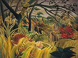 London National Gallery Top 20 18 Henri Rousseau - Tiger In A Tropical Storm Henri Rousseau - Tiger on a Tropical Storm (Surprised), 1891, 130 x 162 cm. Rousseau was a self-taught painter who was known as �le Douanier� (the customs officer) because he worked at a customs house and only painted in his spare time. This bold, richly colourful picture is carefully composed for dramatic effect. Windblown grasses and branches silhouette against the long streaks of lightning wriggling across the sky.